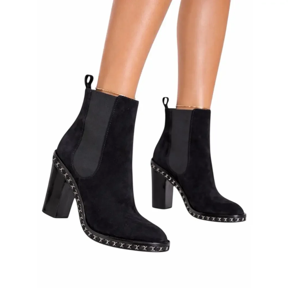 Chanel Interlocking CC Logo Heel Chain Suede Ankle Boots Black Size 40